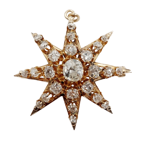 Pendentif Pendentif broche étoile antique en or 14K et diamants taille ancienne 58 Facettes A06490
