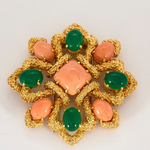 Pendentif VAN CLEEF AND ARPELS - Delphes - Broche pendentif or jaune, corail et chrysoprase 58 Facettes LBV2