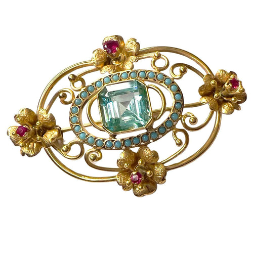 Broche BROCHE DU DÉBUT DU XXE SIÈCLE, ÉPOQUE 1900-1910, avec TURQUOISE et SPINELLE SYNTHÉTIQUE 58 Facettes Q341B