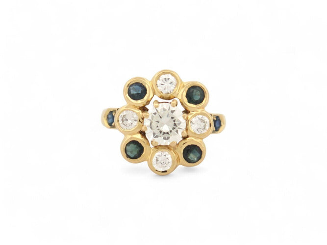 Bague 51 bague marguerite victorienne t51 sertie diamants 1.21ct saphir or jaune 18k 58 Facettes 270500