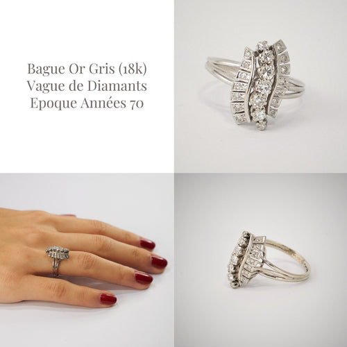 Bague 56 Bague Or Gris Vague de Diamants 58 Facettes LOT 3685