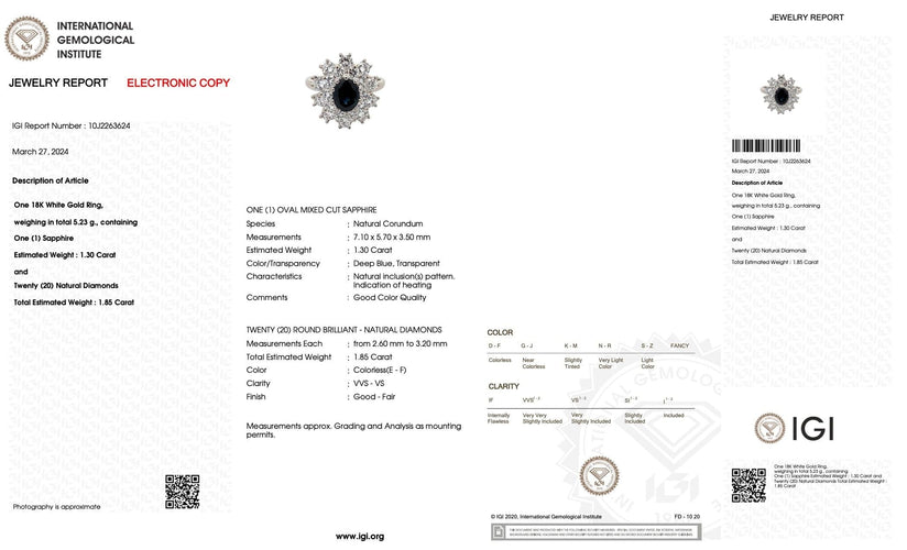 Bague 53.5 Bague or blanc saphir 1.30ct et diamants certificat IGI 58 Facettes