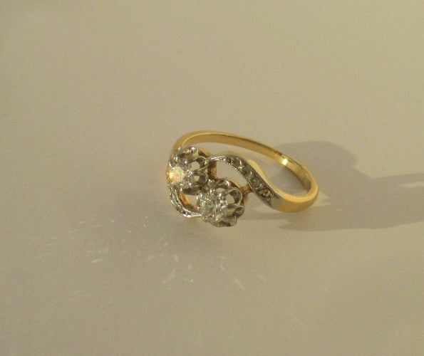 Bague 51.5 Bague Toi et Moi ancienne en or jaune 18k et platine, diamants 58 Facettes