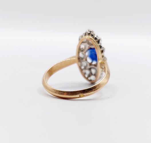 Bague 47 Bague marquise antique or rose 18k saphir synthétique taille coussin et diamants taille roses (circa 1900) 58 Facettes A05612