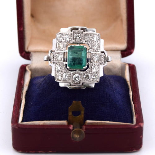 Anel Art Deco ouro esmeralda diamantes