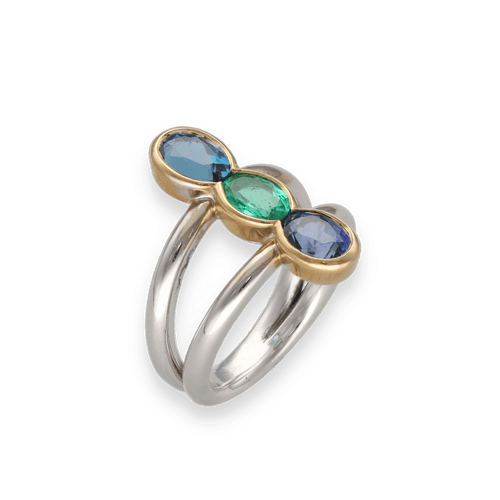 Bague 57 Bague Trilogie – Or Gris & Jaune 18k – Émeraude, Saphir & Topaze – Taille 57 – Vers 2000 58 Facettes FB11085