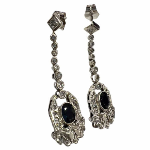 Boucles d'oreilles en platine de style art déco avec diamants et saphir 58 Facettes Q813A
