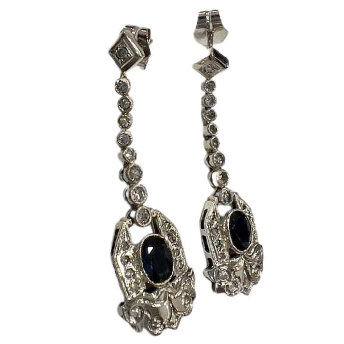 pendientes estilo art deco de platino con diamantes y zafiro