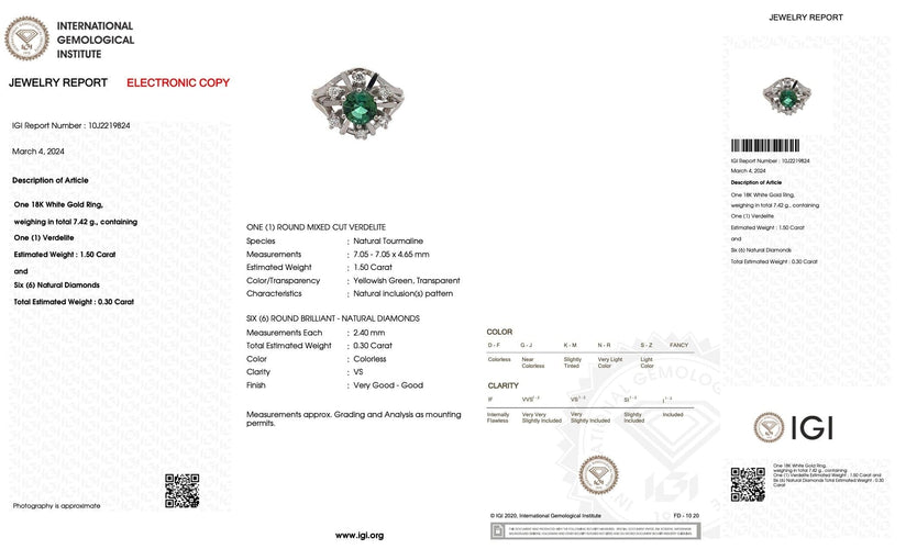 Bague 59.5 Bague en or blanc tourmaline verdelite et diamants certificat IGI 58 Facettes