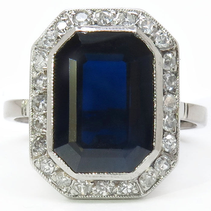 Achteckiger Ring Art Deco in Saphir und Diamanten
