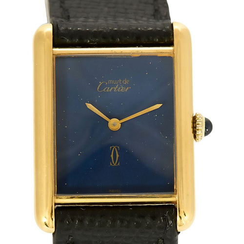 Montre Montre Cartier Modèle Tank Must en argent plaqué or cadran laqué bleu dit Lapis 58 Facettes