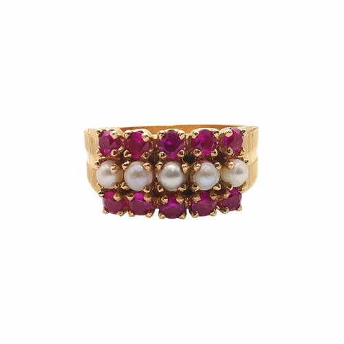 Anel de ouro amarelo, pérolas e rubis 