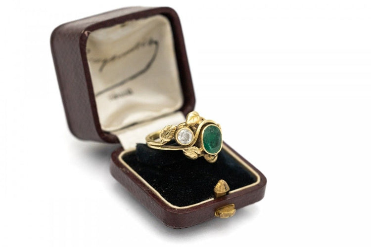 Bague 54 Bague Art Nouveau en or jaune 14k avec émeraude 0,90 ct et diamant 58 Facettes 9877A