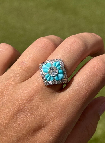 Bague 55 Bague de style Art Déco en platine avec diamants et turquoise 58 Facettes