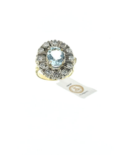 Bague 54.5 Bague en or jaune et argent , aigue-marine et diamants 58 Facettes