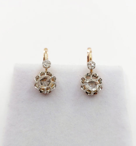 Boucles d'oreilles Dormeuses antiques en or rose 18k et diamants taille rose 58 Facettes A06338