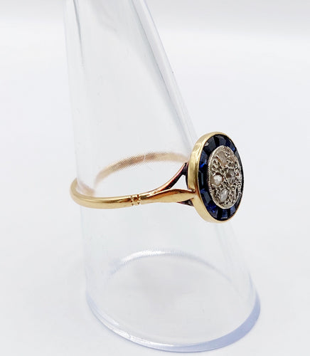 Bague 56.5 Bague cible art déco or jaune, diamants et saphirs calibrés synthétiques 58 Facettes A05652