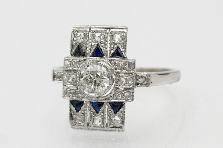 Bague 59 Bague géométrique ornée de diamants et de saphirs de style Art déco 58 Facettes 10728