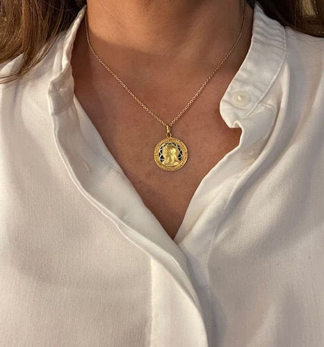 Pendentif Médaille de la Vierge Marie ancienne et émail 58 Facettes