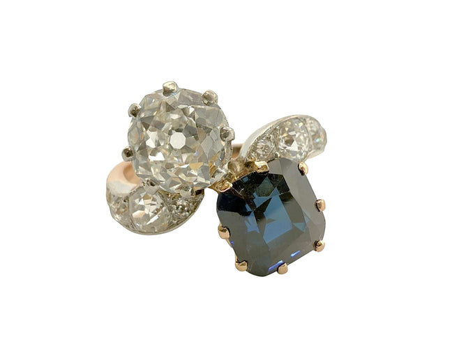 Bague Toi et Moi ancienne saphir de Siam naturel et diamants