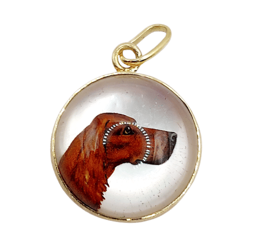 黄金狗头吊坠，镶嵌埃塞克斯水晶（约 1890 年）