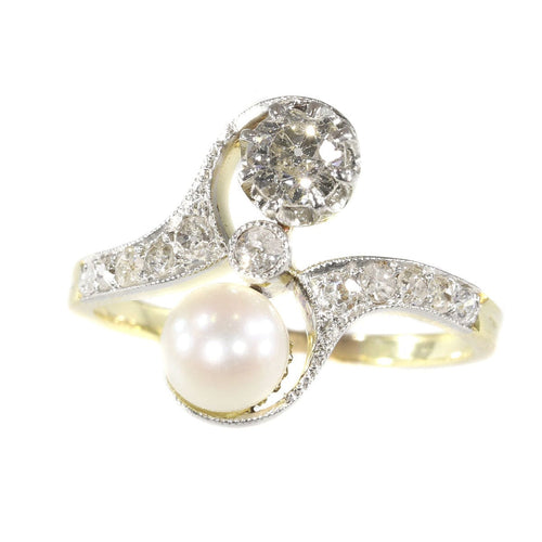 Bague 58 Belle Epoque diamond and pearl engagement ring model toi et moi 58 Facettes 20155-0500