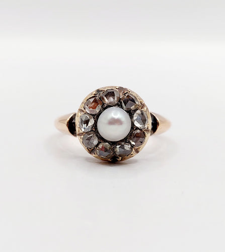 Bague 55 Bague marguerite antique en or rose 18k avec perle et diamants taille roses 58 Facettes A06463