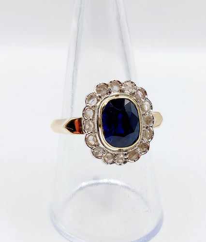 Bague 60 Bague pompadour Art Déco or et platine, saphir synthétique de 3,00 carats, diamants taille rose (circa 1920) 58 Facettes A04827