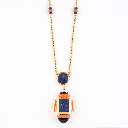Collier Atelier Georges Lenfant - Exceptionnel Collier en or jaune lapis lazuli ,jade, nephrite, corail et onyx. 58 Facettes 58FC9