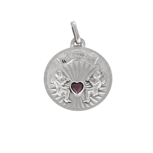 Pendentif Médaille or gris anges cœur rubis "il bat pour toi" 58 Facettes LMB-307