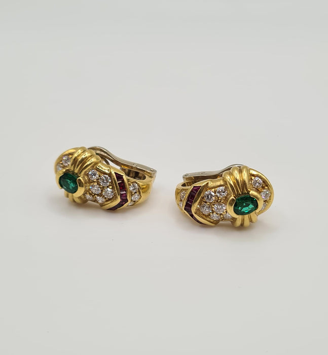 Yellow gold earrings set with diamonds, emeralds and rubies