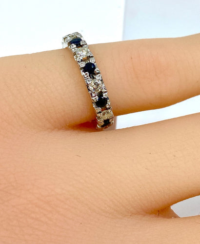 Bague 46 Alliance or blanc 9 saphirs et 9 diamants 58 Facettes AB364