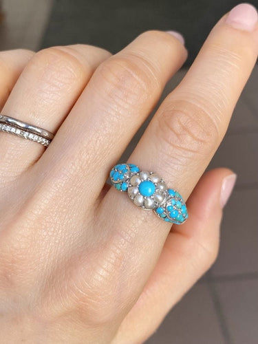 Bague 58 Bague fleur ancienne or jaune, perles, turquoises 58 Facettes
