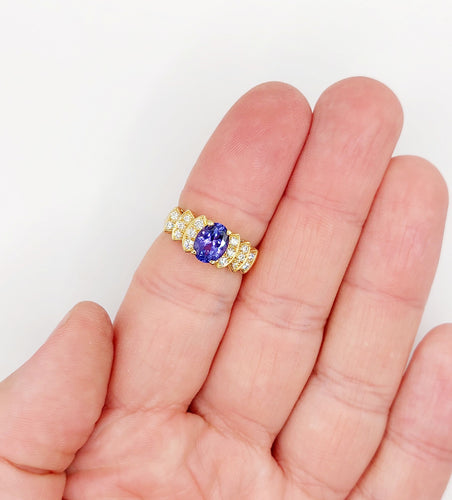 Bague 52 Bague jonc vintage en or 18k tanzanite 1,10 ct et diamants 58 Facettes B01020