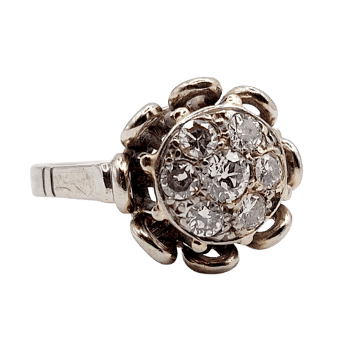 Prsten u obliku cveta art deco od belog zlata 18k i 0,40 karata dijamanta stare bruse (oko 1950) 