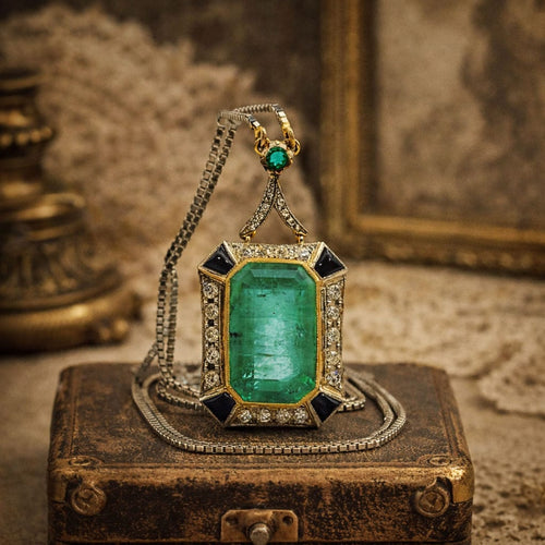 Collier Collier et pendentif en or de style Art déco avec une émeraude naturelle colombienne de 14 carats 58 Facettes 50247