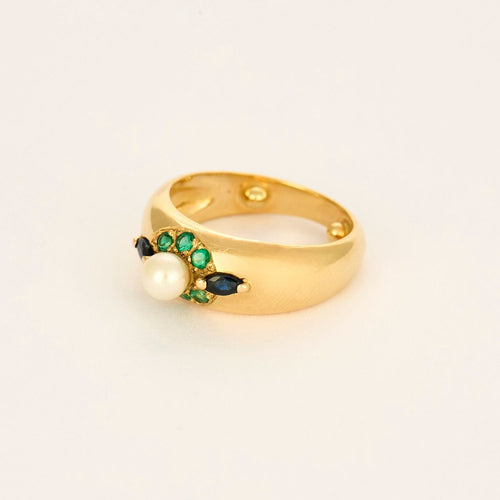 Yellow gold ring, emeralds, sapphire and pearl 