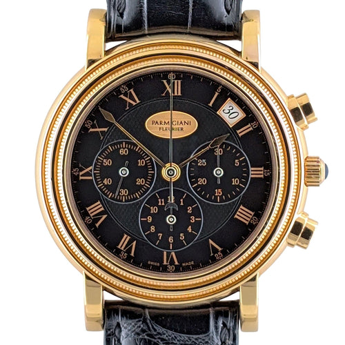 Montre Parmigiani Fleurier - Montre Toric Chronographe Date Or Rose réf. 361 Zenith El Primero 400 Cadran Guilloché Grain d'Orge Noir 58 Facettes
