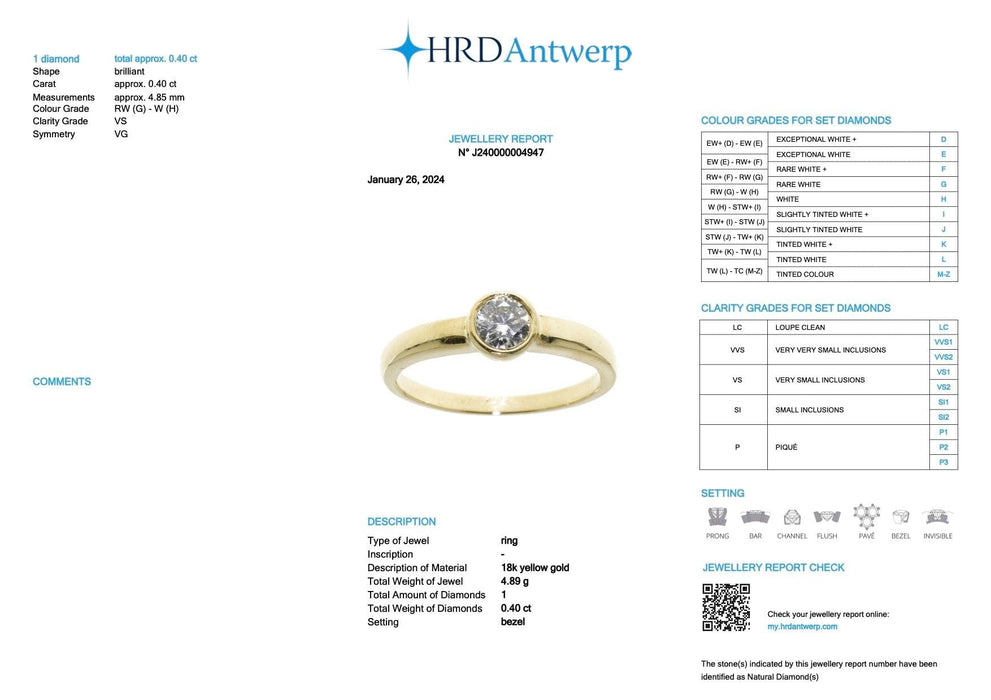 Bague 57.5 Bague de fiançailles en or jaune certifiée HRD avec diamant 58 Facettes