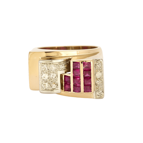 Bague 57 Bague Tank or jaune et platine, diamants et rubis de synthèse 58 Facettes ENG11323