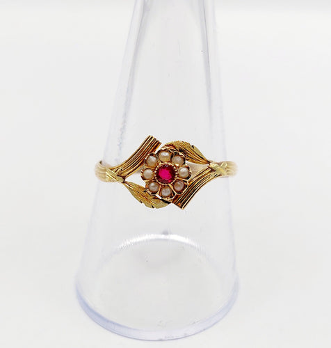 Bague 60 Bague fleur Art nouveau en or 18k, pierre rouge et perles (circa 1900) 58 Facettes A06426