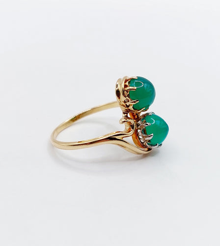 Bague 53 Bague toi et moi vintage or jaune cabochons de chrysoprases 58 Facettes A05751