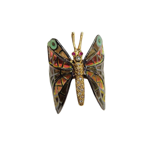 Bague 55 Bague papillon en or jaune 18 carats avec rubis, émail et diamants 58 Facettes S211