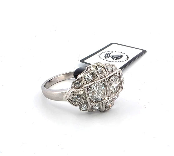 Bague 51 Bague en platine 2048 N avec diamants centraux de vieille mine et diamants environnants 58 Facettes