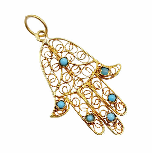 Pendentif Pendentif vintage or jaune Main de fatma orné de turquoises (circa 1950) 58 Facettes A04727