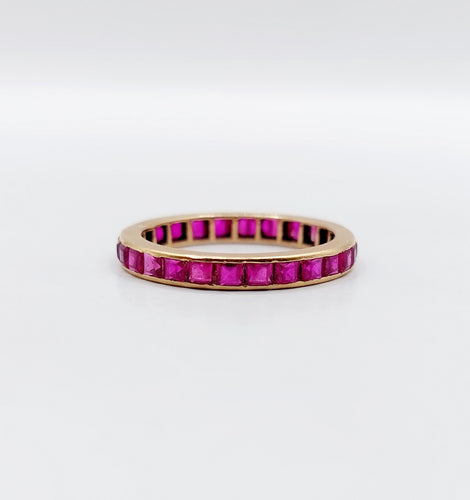 Vigselring amerikansk Art Deco roséguld, syntetiska kalibrerade rubiner 