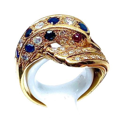 Bague Bague DAUPHIN en or jaune 18 carats, diamants ,saphirs et rubis 58 Facettes AB224