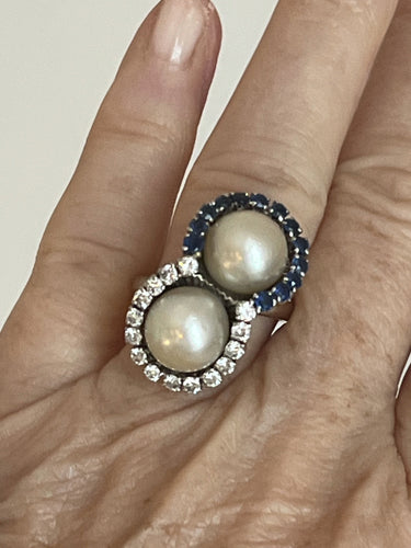 52 Bague Toi & Moi Or Gris Platine Perles Saphirs Diamants 58 Facettes 5422