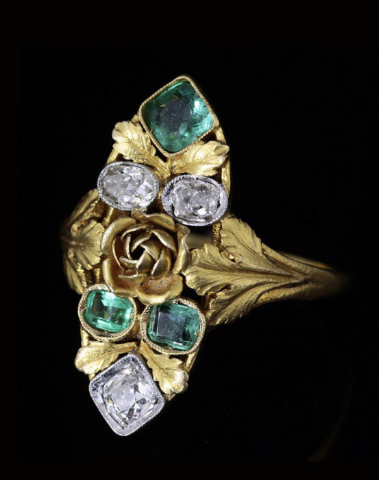 Art Nouveau gold, emerald and diamond marquise ring