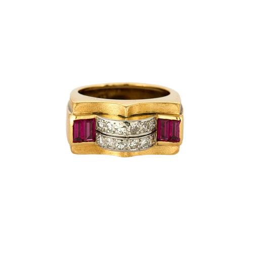 Ring Tank yellow gold, diamonds and rubies